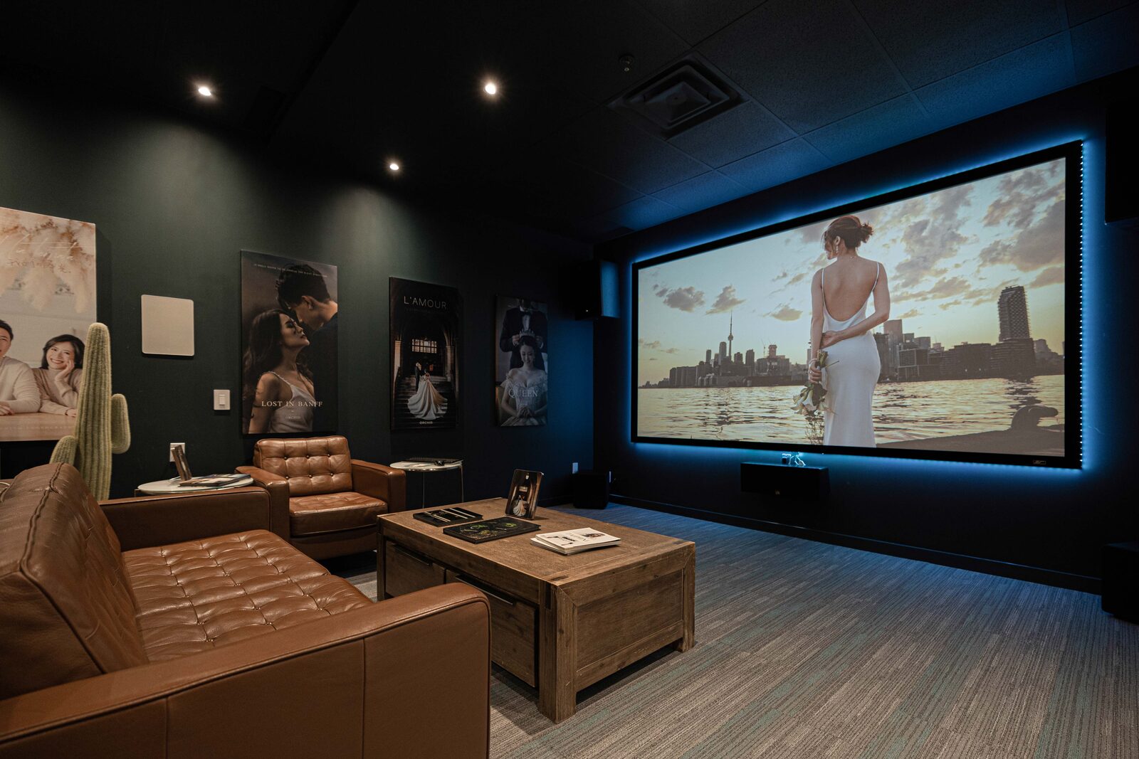 Consultation Room — screening room with leather seating, large display, and client albums