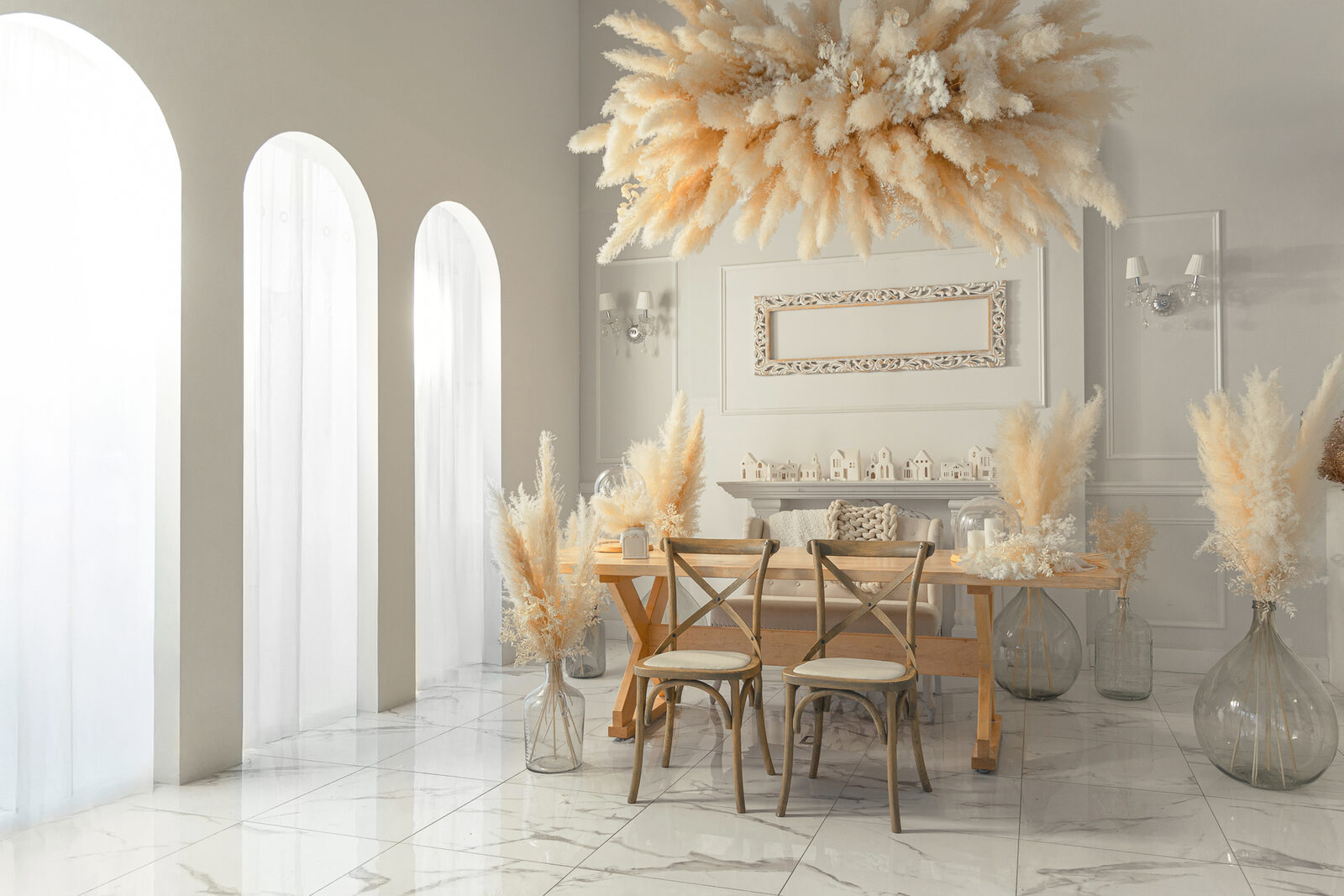 Daydream Studio — elegant white space with pampas grass and arched details