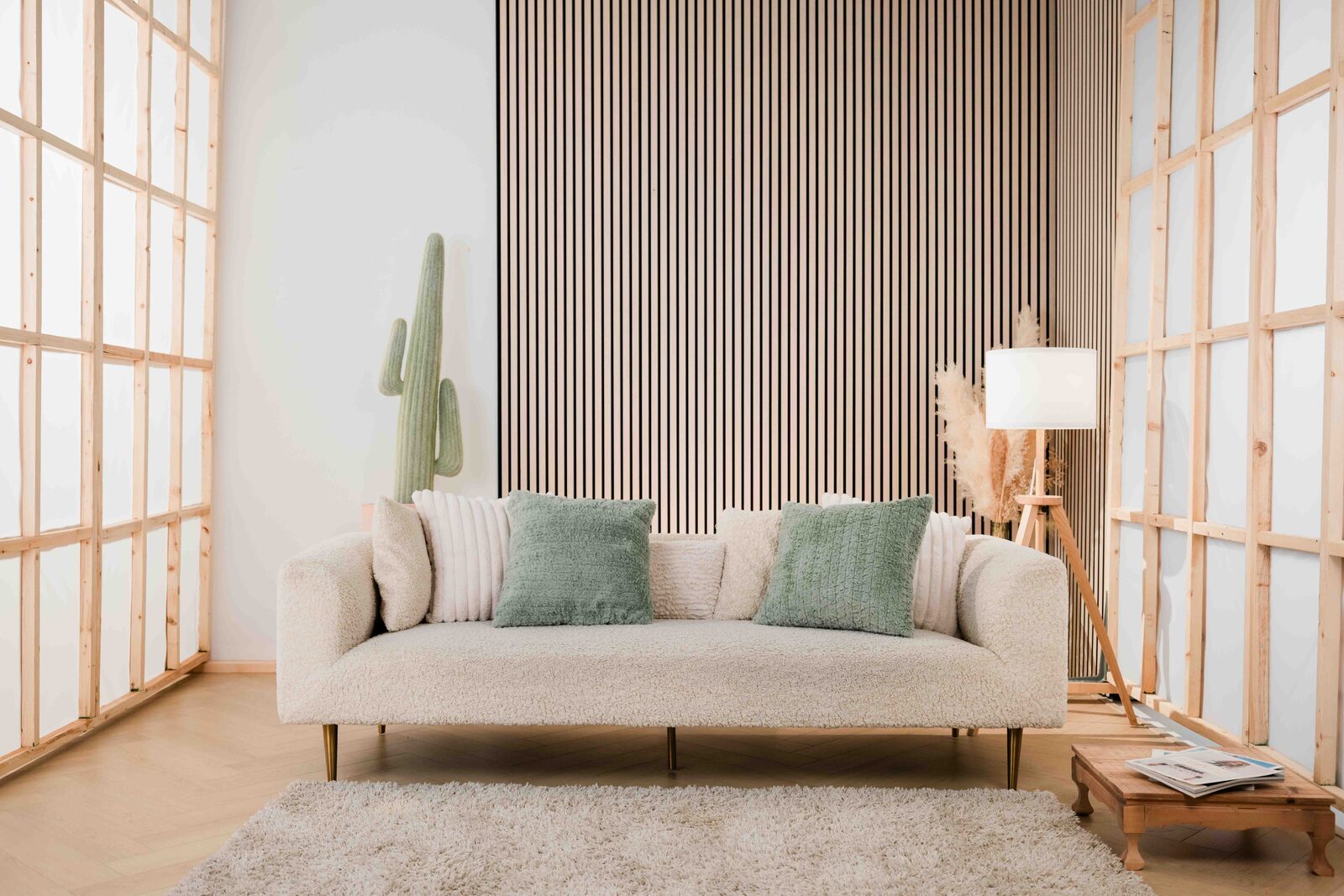 Sunwash Studio — bright, minimal, natural tones with wood slat wall